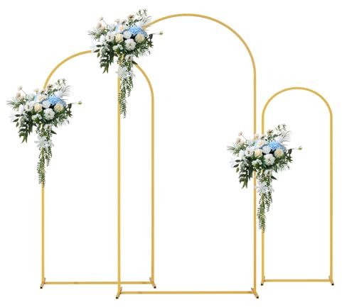 3 Stück Metall Bogen Hintergrundständer, Gold Hochzeitsbogen Rahmen Set, Traubogen Hintergrund Stand, Blumen, Ballon, Bogen Dekoration für Geburtstag, Party, Hochzeit, Zeremonie (180+150+120 cm)