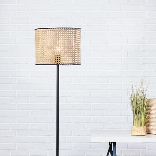 Lightbox Nature Stehlampe - 154 cm Höhe, Ø 30 cm - Stehleuchte mit geflochtenen Rattan Schirm & Schalter - für Wohnzimmer - E27, max. 60 W - aus Metall/Rattan - in Hellbraun/Schwarz