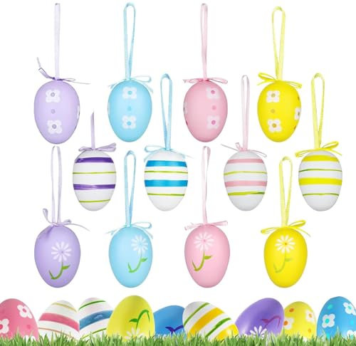 FIBOUND 12 Stück Ostereier zum Aufhängen, Bunte Ostereier aus Pappmaché, Bunte DIY Crafts Plastikeier, Bemalte Ostereier für Kinder, Schule, Zuhause, Büro, Partyzubehör – Bunt