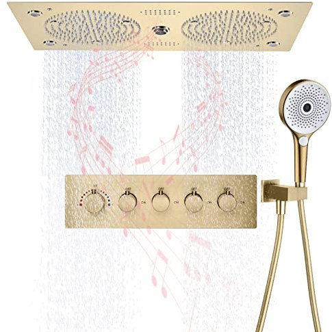 CAFIEDR Shower System LED Music Shower Faucet Set Thermostatic Rain Mixer Shower Combo Set Brushed Gold Shower Fixture with 600 * 300mm Rain Shower Head, 3 Modes Handheld Spray, Remote Control