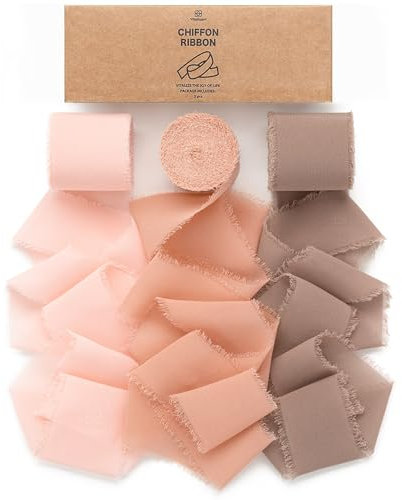 Vitalizart Schleifenband Braun & Rosa 3,8 cm x 19,2 m Geschenkband Hochzeit Chiffonband Stoffband, Bänder-Set für Hochzeitseinladungen, Brautsträuße, Geschenke, Verpackungen, DIY-Kunsthandwerk