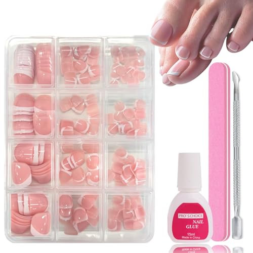 240 Stück Falsche Fußnägel Kit - Französisch Zehennägel zum Aufkleben - Full Cover Acryl Zehen Nagelspitzen - 12 Größen Artificial Toe Nagel Tips, Fake nails für Nail Art DIY (White French)