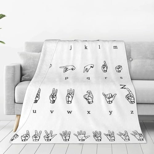 OPSREY Weiche Micro-Fleece-Decke, Überwurfdecke, leichte Plüschdecke in Gebärdensprache, Alphabetdruck