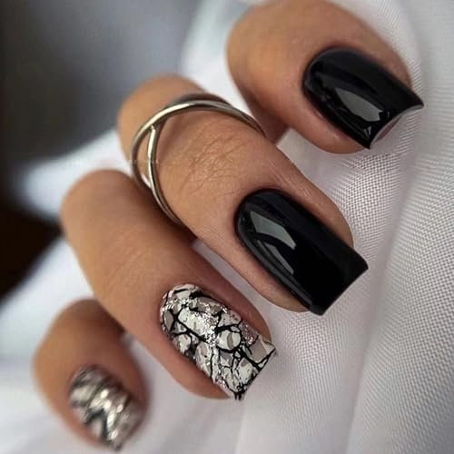 Ceboic 24 Pièces Soft Gel Faux Ongles Courts Carré Fissures Noir Français Press on Nails Couverture Complète Artificiels Ongles Square Faux Ongles à Coller pour Femmes et Filles DIY Manucure