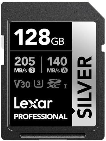 Lexar 128GB Professional Silver SD Card, UHS-I, C10, U3, V30, 4K, Up to 205/140 MB/s SDXC Memory Card, for Professional Photographer, Videographer, Enthusiast (LSDSILV128G-BNNNU)