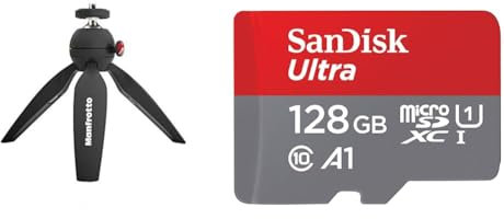 Manfrotto MTPIXIMII-B, PIXI Mini Camera Tripod with Handgrip for Compact System Cameras, for DSLR & SanDisk 128GB Ultra microSDXC card + SD adapter up to 140 MB/s with A1 App