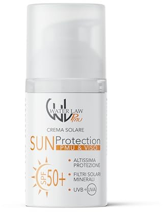 Crema Solare Viso SPF 50 Water Law, Protezione Solare 50 per PMU, Crema Solare Minerale per Dermopigmentazione, Ossido di Zinco, Camomilla, Calendula, Vitamina E, Protezione 50 Antimacchia