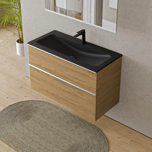 BERNSTEIN Badmöbel-Set Lavoa, Waschtisch-Unterschrank mit Waschbecken 100cm in Eiche - CREAM - Schwarz matt mit Hahnloch - 2 Schubladen, Griffe in Chrom, vormontiert, 5 Jahre Garantie