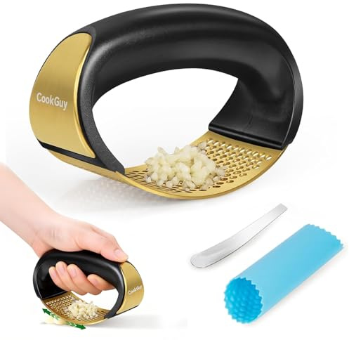 Cook Guy 304 Stainless Steel Garlic Press Rocker Set | Premium Garlic Mincer, Crusher, Peeler, and Scraper Tool for Effortless Mincing - Comfortable Grip Garlic Grinder (Gold)
