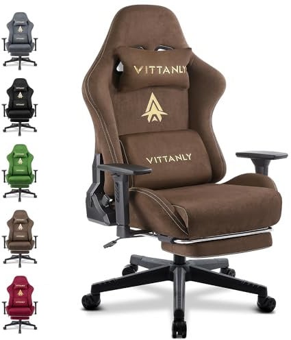 Vittanly Gaming Stuhl, Luxuriöser Wildlederimitat Gaming Chair Bürostuhl, Ergonomischer Schreibtischstuhl mit Fußstütze Kopfstütze und Lendenkissen, 3D Armlehnen, 90-155° Rückenlehne, Braun