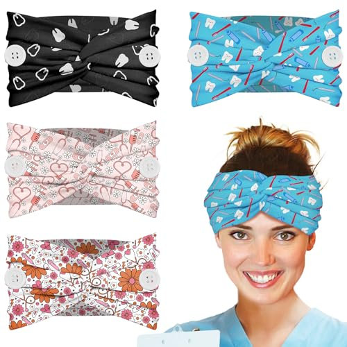 Plifal Lot de 4 bandeaux d'infirmière pour femme avec boutons antidérapants – Jolis bandeaux anti-transpiration pour médecins dentaires, infirmières, turban doux, accessoires pour soins médicaux,