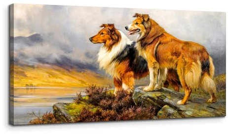 MHARTK66 Zwei Collies Über Einem See Leinwand Bilder, 50x100 cm Groß Wandbilder Wohnzimmer Hund Bild Aesthetic, Modern Tier Wanddeko Kunstdruck Schlafzimmer Badezimmer Büro Esszimmer Küche