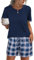 Irdcomps Pyjama Femme Ete Ensembles de Pyjama Court Short Ensemble Pyjamas Coton T-Shirt de Nuit Manche Courtes Vêtements de Nuit patanlon de Pyjama à Carreaux Vêtements de Détente Sleepwear Blau S
