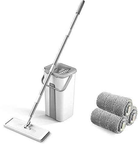 SIBOMTEX - Mocio in microfibra con secchio per la pulizia dei pavimenti, lavabili, riutilizzabili, con morbidi cuscinetti di ricarica, per pavimenti in legno duro, mocio asciutto e bagnato