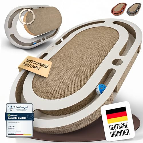 PAWZONE Kratzbrett - beidseitig nutzbar + Pappe austauschbar - inkl. Katzenspielzeug - hochwertige XXL Kratzpappe in stabilem MDF - Kratzmatte - Katzenzubehör - Kratzmöbel Katze - Cat Scratcher