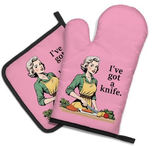 DYJYBMY I've Got A Knife Funny Oven Mitts and Pot Holder Set for Baking Cooking, Vintage Lady Kitchen Gadgets for Women, Fun Housewarming Cooking Gifts for Women Bakers Mom Wife Grilfriend Sister BFF