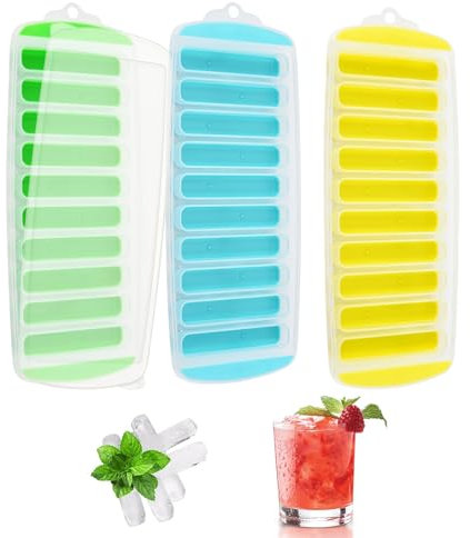3 Pack Ice Cube Tray, Narrow Water Bottle Ice Stick Tray with Lid, Easy Release, with No-Spill Removable Lid, Bottom Silicone Ice Trays for Sports Drinks and Water Bottles Whikskey Cocktails (Multi A)