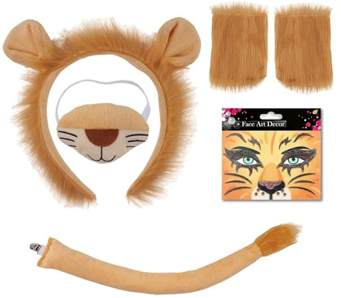 TUONYIS 5 Pezzi Costume da Re Leone,Fascia per Capelli Guanti Naso Coda Faccia Tuta Adesiva,Leone Costume kit di Accessori per Bambini Carnevale Fase Cosplay Natale Halloween(Arancione)