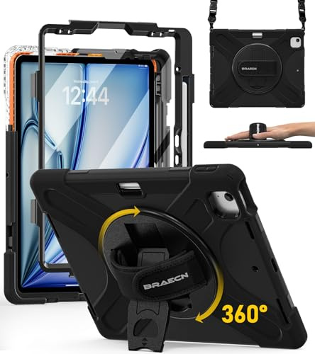 BRAECN Case for iPad Air 13 inch M4/M3/M2 & Pro 12.9'' 6th/5th/4th/3rd Gen | for 2026/2025/2024, Full-Body Protection, Screen Protector, Pencil Holder, 360° Rotating Handle Kicktand, Shouler Strap, Kids