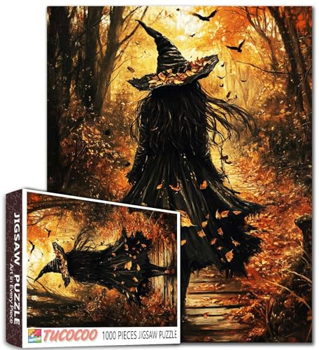 Halloween Schwarze haarige Hexe Puzzle für Erwachsene gefallene Blätter im späten Herbst Puzzles Entspannung Unterhaltung Aktivität Spaß und herausfordernde Familienspiel Einzigartiges