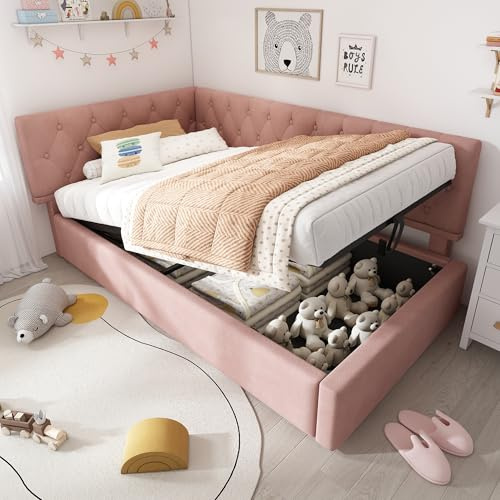 Kelodan Letto da giorno imbottito 90 x 190 cm, divano letto con vano idraulico, letto per ragazzi con rete a doghe in legno, velluto, rosa, senza materasso.