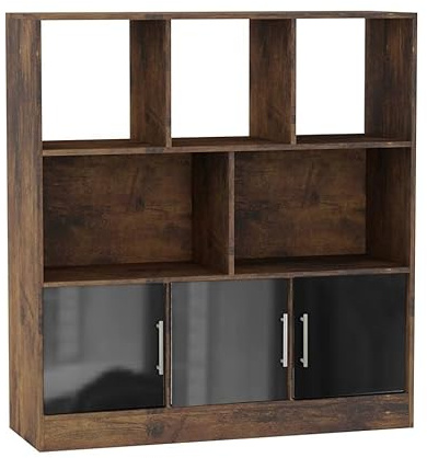 URBNLIVING Rustic Brown 8 Cube Asymmetrical Bookcase – Freestanding Storage Unit with 3 Doors - Gloss Doors - Black