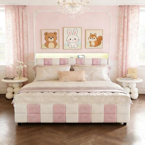 BursDany Lit Adolescente Fille 160x200 cm – Lit Princesse Fille Rembourré avec LED et USB, 4 Tiroirs de Rangement, Max. 350 kg, Velours Rose/Blanc (sans Matelas)