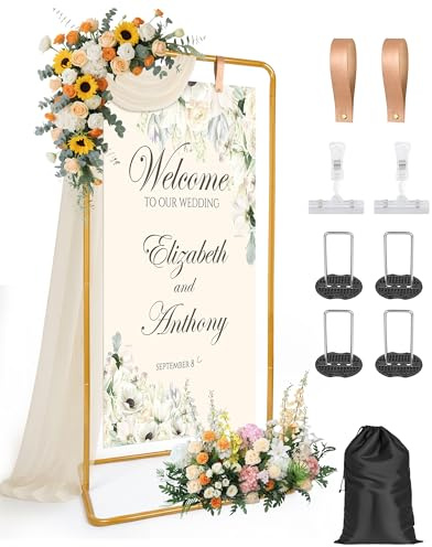 Wedding Welcome Sign Stand Holder, 5.74ft Adjustable Gold Backdrop Stand | Sturdy Metal Welcome Board Stand with 2 Leather Straps, 2 Clips & Storage Bag for Indoor and Outdoor Events