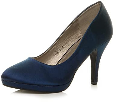Womens Ladies mid high Heel Mary Jane Strap Evening Court Shoes Pumps, 6 UK, Navy Satin