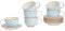 Nicola Spring Patterned Porcelain Cappucino Cups and Saucer Set - Blue/Orange Print Design - Set of 12