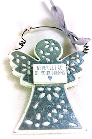 Four Seasons- Angel Plaque White and Silver metal hanging sign NEVER LET GO OF YOUR DREAMS