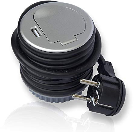 Steckdose versenkbar 1x Schuko + USB für Küche, Büro, Möbel, Schreibtisch. Einbausteckdose mit 1,8m Kabel | 230V AC | IP20 | schwarz, silber | max 3600 Watt | 2,4 A, versenkbar 1x + USB:silber