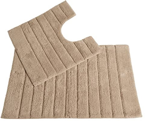 Allure Ribbed Design 2 Piece Bath and Pedestal Toilet Mat Set, 100% Cotton (Mocha)
