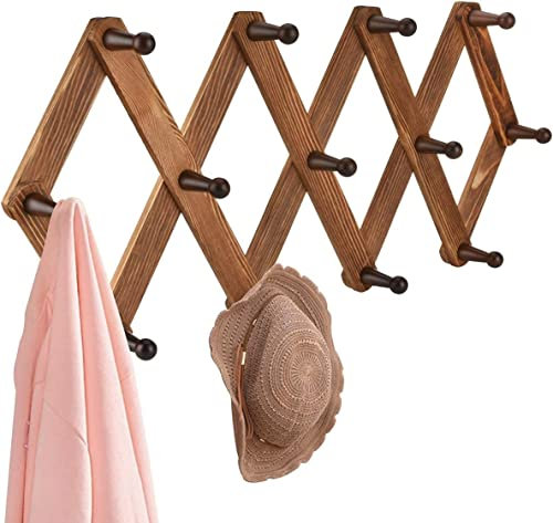 Homode Vintage Holz erweiterbar Klammerregal - Mehrzweck-Akkordeon-Wandhänger mit 13 Haken für Hüte, Mäntel, Tassen, Schals, Schmuckaufbewahrung