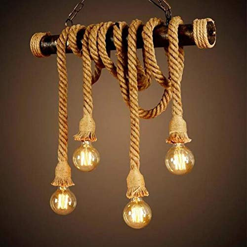 Lampe Suspendue Lampe Corde Vintage Lampe Suspension Plafonnier Lampe Corde Chanvre Industrielle Rétro Lustre Loft Salon Rustique Salle À Manger Plafonnier Suspendu Balcon Éclairage De Café (4 * E27)