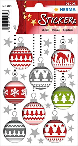 HERMA 15269 Aufkleber Weihnachtskugeln, 24 Stück, Weihnachten Sticker mit Sterne Weihnachtsmotiven, Kinder Etiketten für Weihnachtsdeko Geschenke Adventskalender Winter Dekoration Briefe DIY Basteln
