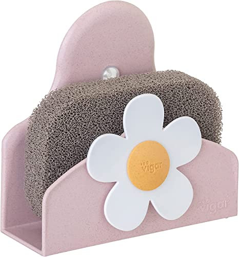 Vigar - Supporto per Spugna nel Lavello - Montaggio con Sistema a Ventosa - 12 x 7 x 11,5 cm - Florganic - Include 1 Spugna - Non Trattiene gli Odori - Colore Verde e Rosa