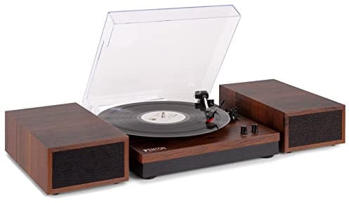Fenton RP165D Vinyl Record Player with Speakers, Bluetooth Turntable Stereo System, 3-Speed HiFi Turntable, Wireless Audio Streaming, Auto-Stop, Dark Wood Finish