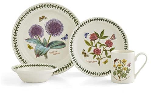 Portmeirion Botanic Garden 4 Piece Place Setting | Dinner Service for One with Assorted Motifs | Made in England from Fine Earthenware | Dishwasher Safe