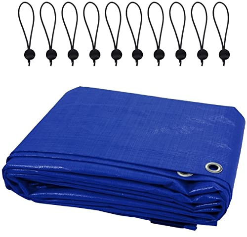 5 x 5 m Tarpaulin Waterproof Cover Camping Ground Sheet Caravan Furniture Multipurpose + 10 Bungee Balls (Blue – 55 GSM)
