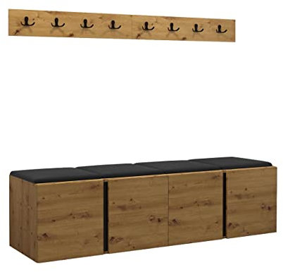 Mirjan24 Garderoben-Set Monati VII, 2X Schuhschrank + 2X Kleiderhakenbrett und Gepolstertes Paneel/Wandpaneel, 8 Doppelhaken, Flurgarderobe, Wandgarderobe (Eiche Artisan/Schwarz, Soft 011)