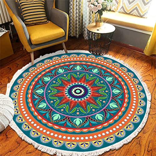 Tomifine Mandala Rund Teppich Quasten, Böhmen Handgewebte Baumwolle Teppiche für Schlafzimmer Wohnzimmer Hausdekor (150 cm,Gelb Grün)