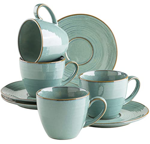 MÄSER Serie Nottingham, Vintage Kaffeetassen Set für 4 Personen, Untertassen mit unregelmäßigen Rundungen im Retro Look, Steinzeug, Türkis-Grün