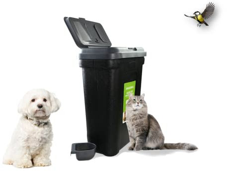 Livingshire Air Tight Pet Food Storage Container | 30L Flip-Up Lid with Scoop | Dog, Cat & Bird Dry Food Seed Storage Bin Box | (Grey Lid Black Bin)