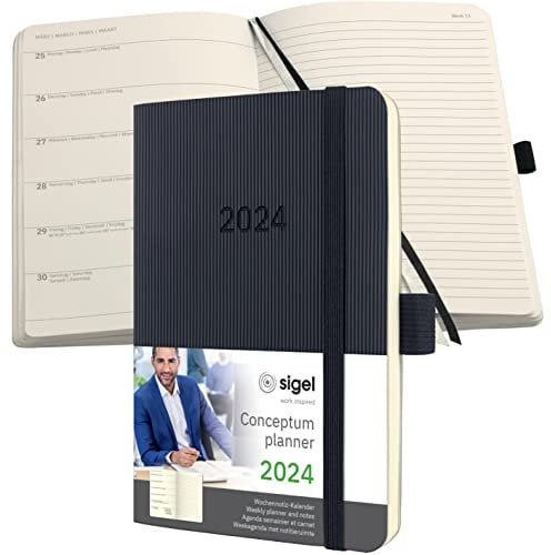 SIGEL C2425 Terminplaner Wochennotiz-Kalender 2024, ca. A6, schwarz, Softcover, 176 Seiten, Gummiband, Stiftschlaufe, Archivtasche, PEFC-zertifiziert, Conceptum