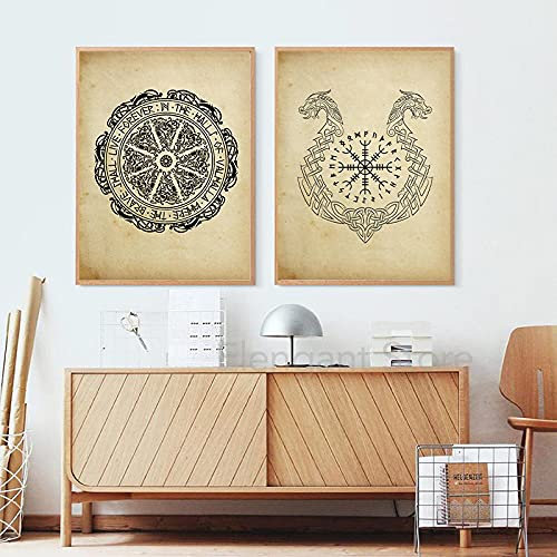 Alte Schilde Wikinger Runen Poster und Drucke Skandinavische Wandkunst Leinwand Gemälde Wandbild Wohnzimmer Dekor 19.6x 27.5(50x70cm)x2 Kein Rahmen