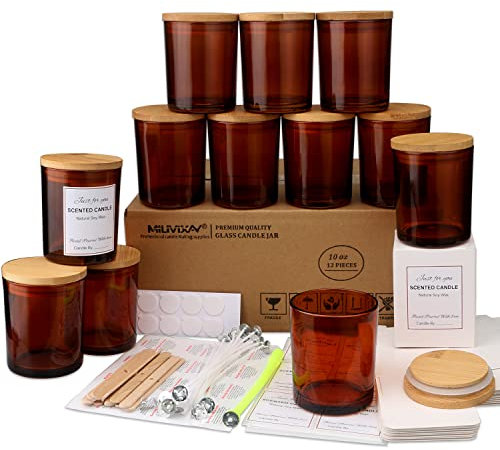 MILIVIXAY Lot de 12 pots à bougies en verre ambré de 283,5 g avec couvercles et kits de fabrication de bougies – Pots à bougies vides en vrac pour la fabrication de bougies – Conteneurs à épices,