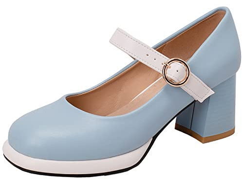 CUTEHEELS Women Comfort Mary Jane Shoes Buckle Strap Chunky Heels Court Shoes with Round Toe