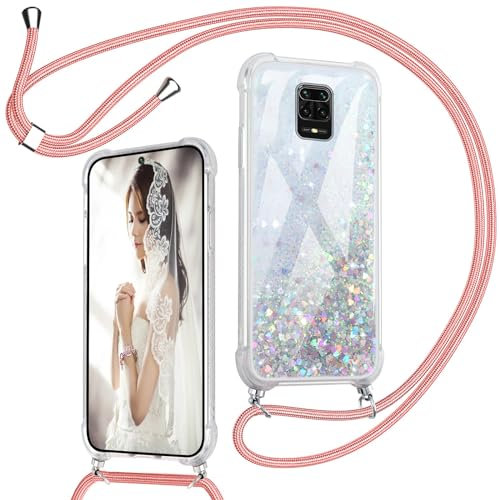 Pnakqil Handykette für Xiaomi Redmi Note 9 Pro/9 Pro Max/9S 4G Hülle mit Band, Glitzer Flüssig Transparent Silikon Handyhülle mit Kordel zum Umhängen Necklace für Redmi Note 9 Pro 6.67 Zoll, Silber