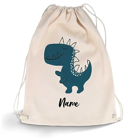 GRAVURZEILE Bedruckter Turnbeutel - Cartoon Dinosaurier & Wunschname - Sportbeutel Rucksack Daypack Gymbag mit Kordelzug - für Schule & Freizeit Sport - für Jungen & Mädchen - 12 Liter 33x45 cm